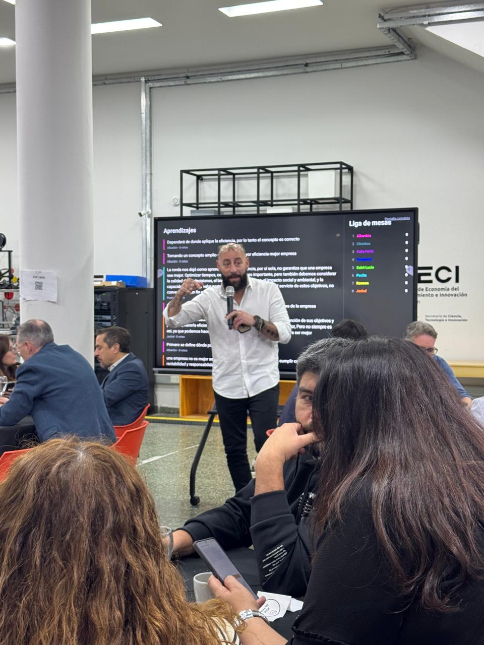 Pantalla proyectada mostrando los aprendizajes de la ronda y la liga de mesas en vivo