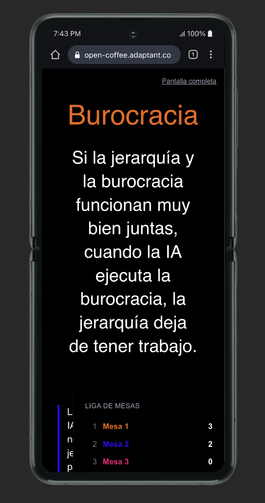Pantalla proyectada de open-coffee en un celular, durante un ensayo real